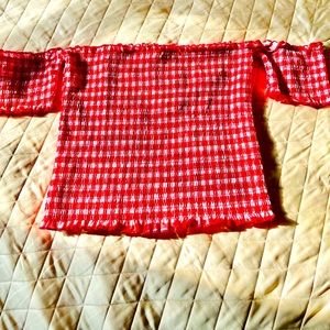 A very flirty, stretchy red & white rouched gingham top
